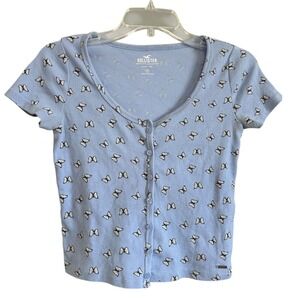 Hollister Baby Tee Sz M Light Blue Butterfly Print Ribbed Button Front Cardigan